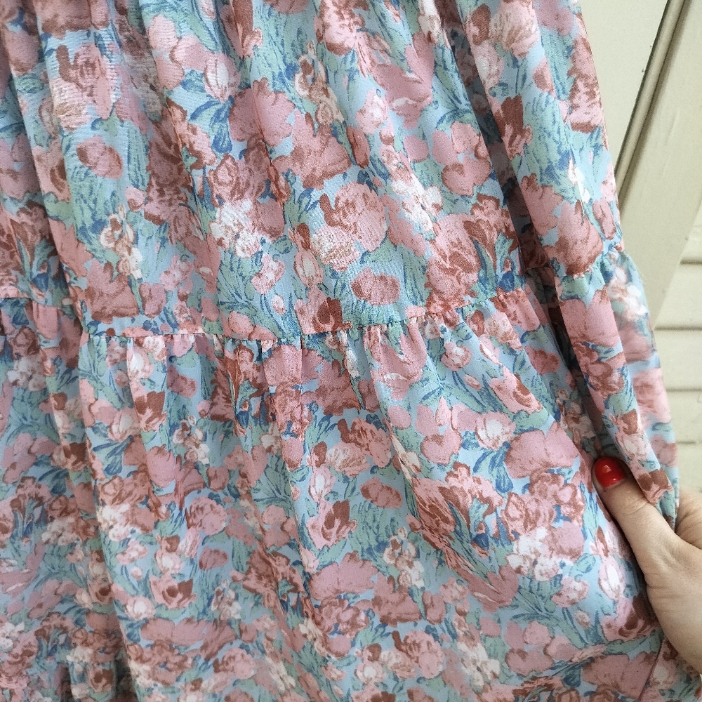 En Saison‎ Short Sleeve Smocked Floral Blue and Pink Floral Midi Dress Peasant - Picture 4 of 12